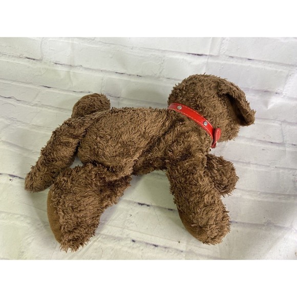 Aurora Dog Puppy Laying Brown Furry Stuffed Animal Plush Toy Red Collar - Picture 3 of 7